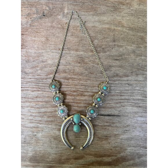 Vintage Faux Silver Squash Blossom Necklace With Turquoise Stones - Picture 1 of 4